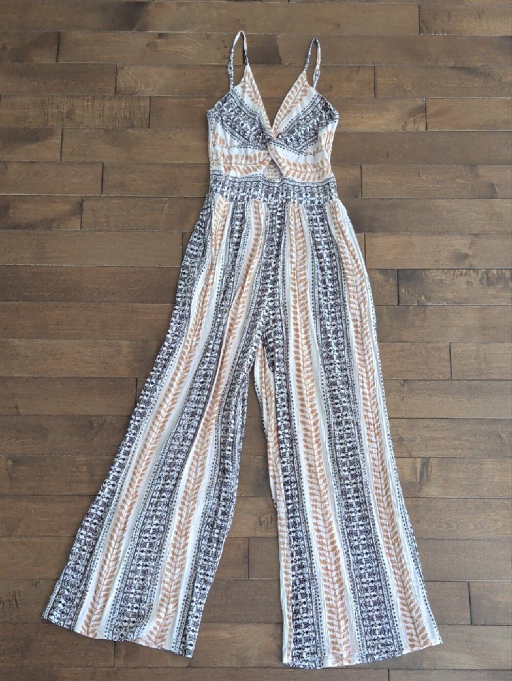 Angie Beige and Black Striped V-Neck Wide Legs Jumpsuit